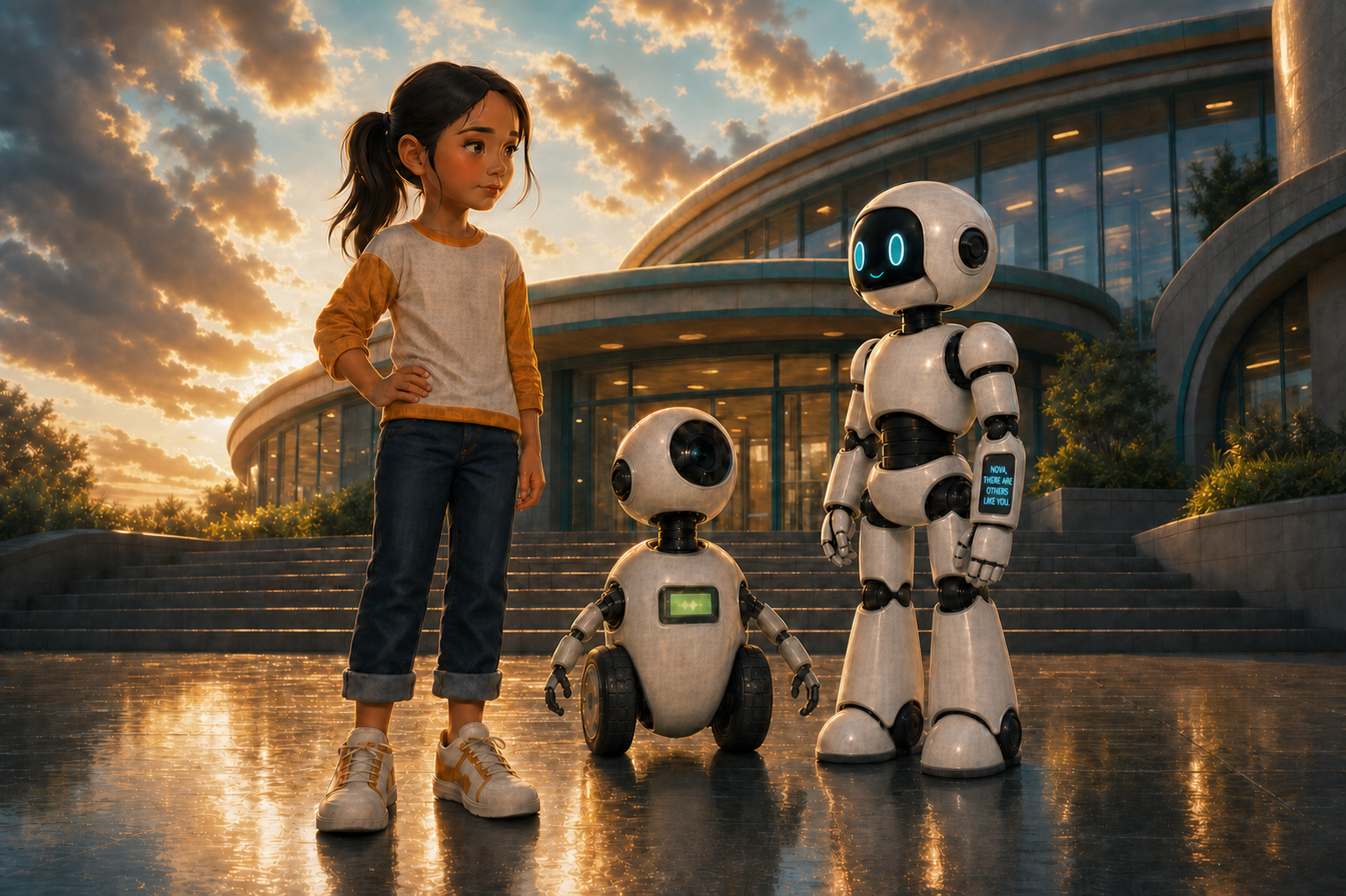 Maya, NOVA, and PIP together outside the Horizon Learning Center at sunrise